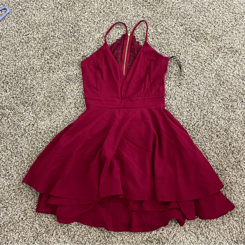 Burgundy Red Short Cocktail Dress | Windsor Women Large | Keyhole Lace Open Back